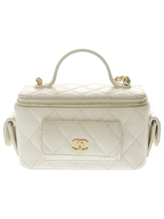 Chanel Lambskin Quilted Round Mini Vanity Case With Chain  Chanel Quilted Chain Clutch Vanity Mini Shoulder Bag White Caviar Leather Gold